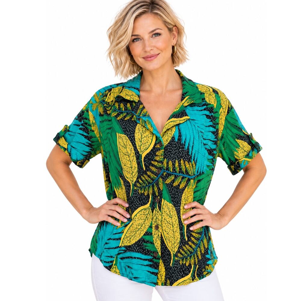 Jane & Delancey Tropical Button Top Womens Large Multicolor Aloha Cropped